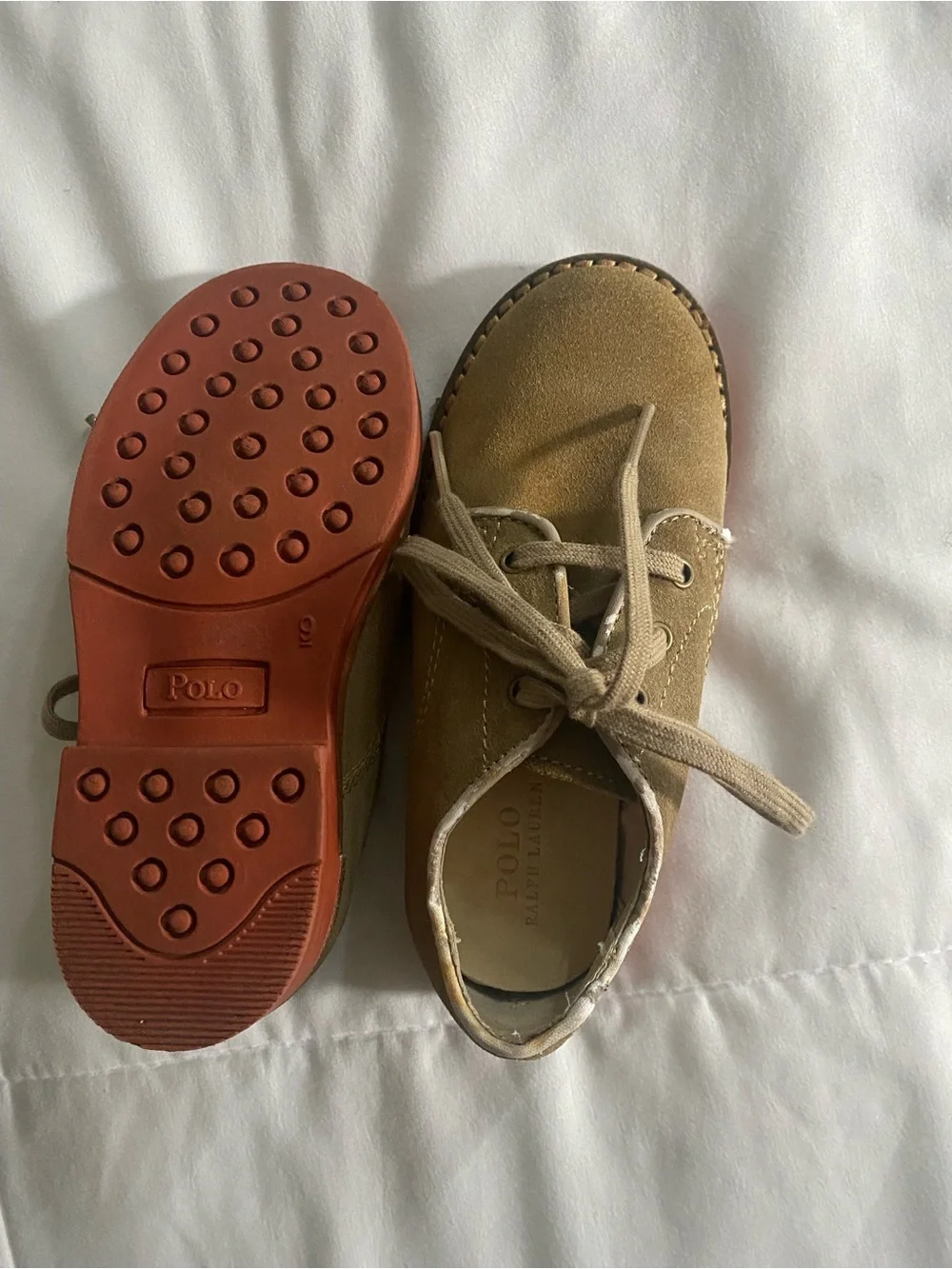 Polo by Ralph Lauren Boys Tan Suede Lace-Up Dress Shoes with Red Rubber Sole